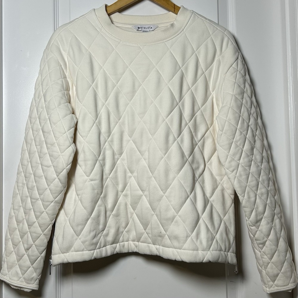 Athleta Cream Retroplush Quilted Crewneck Sweatshirt Athleisure Lounge Style - Picture 1 of 2